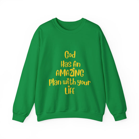 Unisex Heavy Blend™ Crewneck Sweatshirt- God Has An Amazing Plan With Your Life (GOLD Letters)